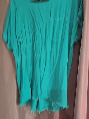Umgee Teal Knit Top with Crew Neck With Raw Hem